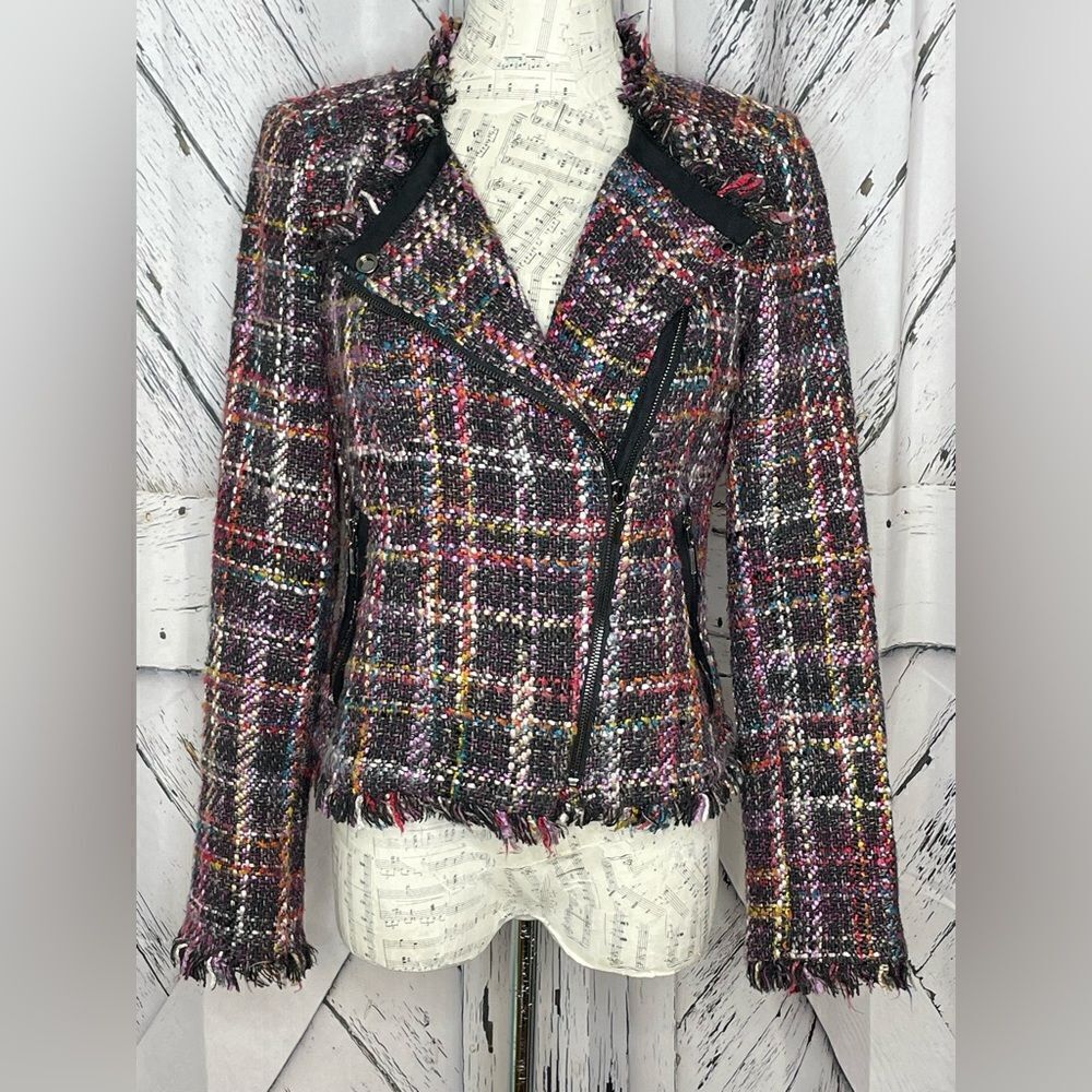 CARLISLE Vintage Boucle’ Plaid Fringed Jacket Moto Style Zipper 2